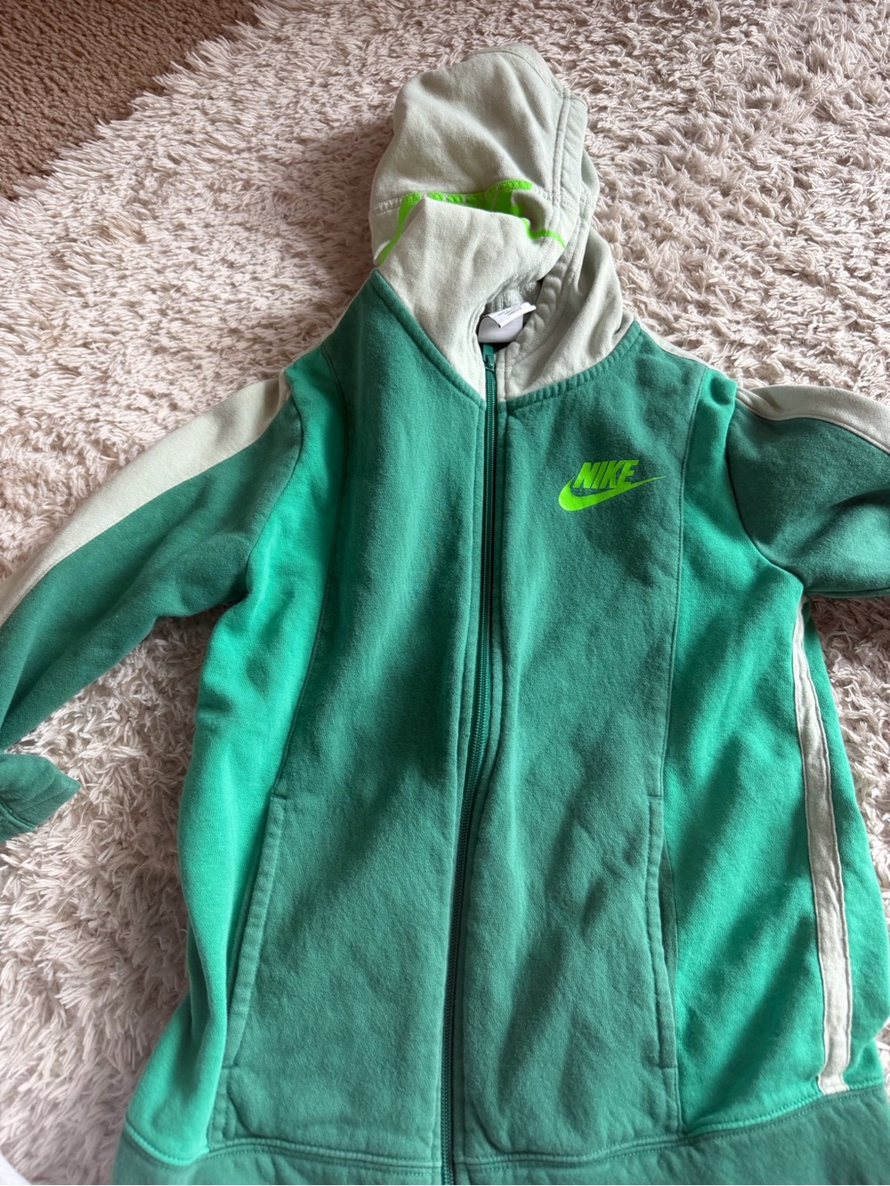 Kids YL Nike Green and Light Green Hooded Zip Fleece with Neon Logo